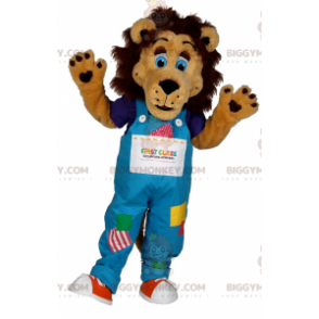 Lion BIGGYMONKEY™ Mascot Costume with Blue Eyes and Overalls -