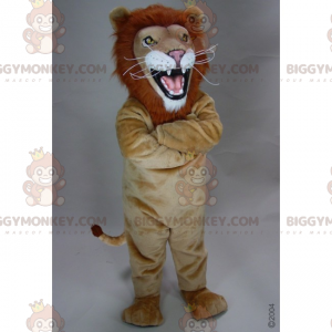 Traje de mascote BIGGYMONKEY™ Leão bronzeado com juba de fogo –