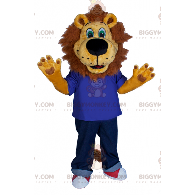 BIGGYMONKEY™ Costume da mascotte di leone in jeans e scarpe da