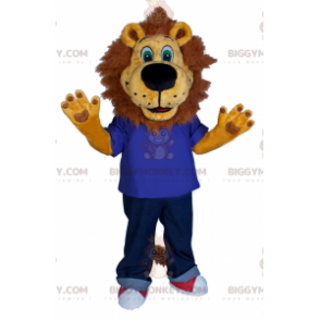 BIGGYMONKEY™ mascottekostuum van leeuw in jeans en sneakers -