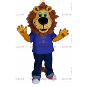 BIGGYMONKEY™ Maskottchenkostüm Löwe in Jeans und Turnschuhen -