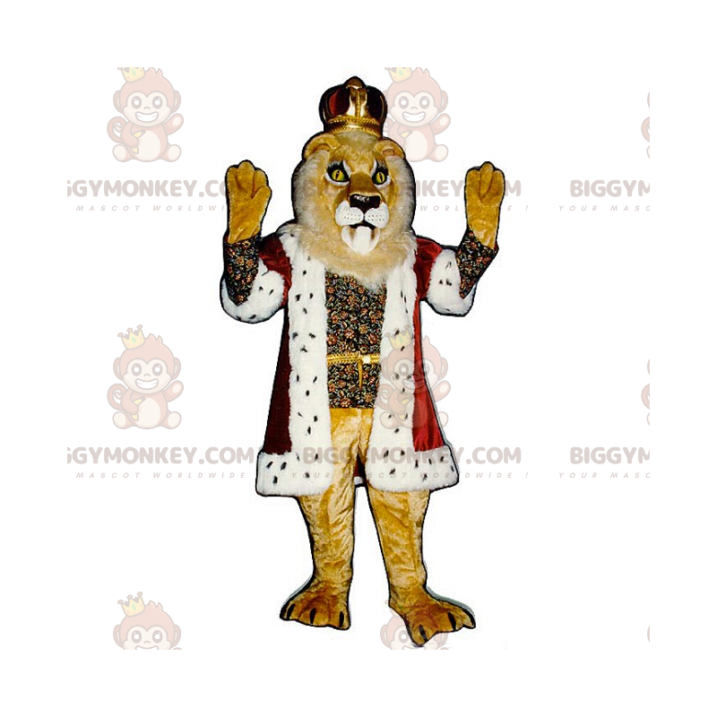 Mascote BIGGYMONKEY™ Traje de leão em traje de rei com coroa –