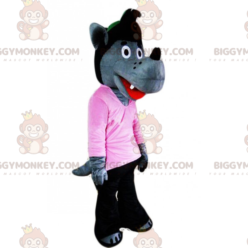 Costume de mascotte BIGGYMONKEY™ de loup avec pull rose -