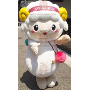 BIGGYMONKEY™ Mascot Costume White Sheep with Yellow Horns –
