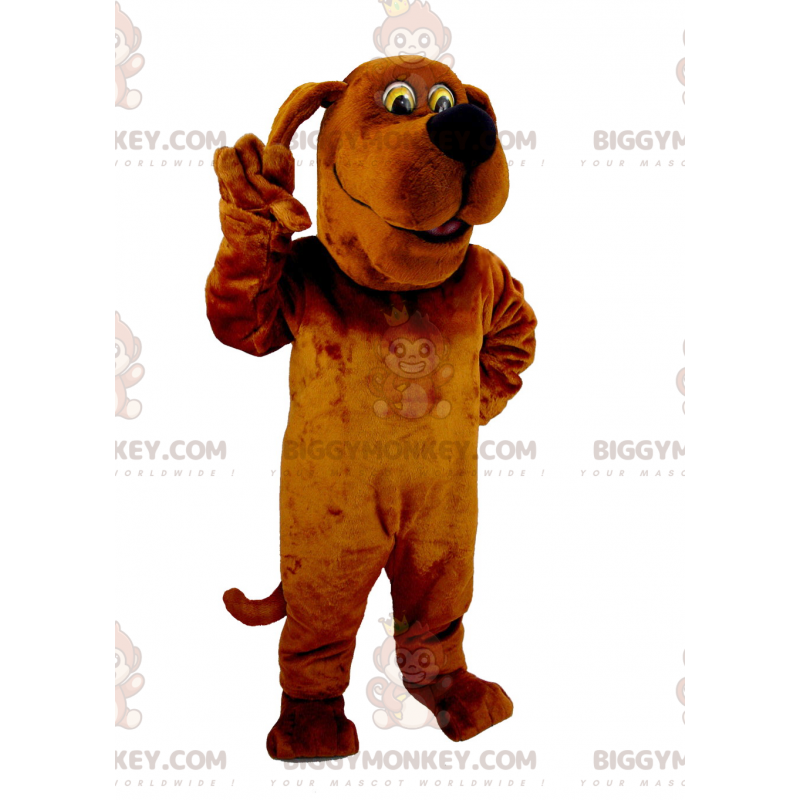 Traje de mascote engraçado e peculiar de cachorro marrom