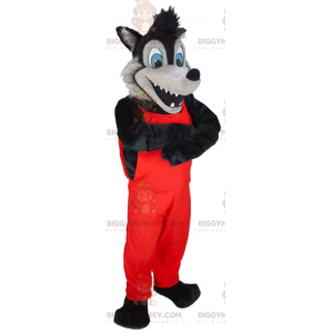BIGGYMONKEY™ maskotkostume sort og grå ulv i røde overalls -