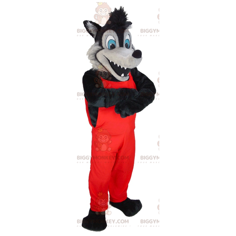 BIGGYMONKEY™ Mascot Costume Black and Gray Wolf in Red Overalls