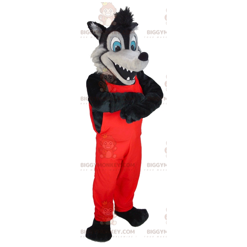 BIGGYMONKEY™ maskotkostume sort og grå ulv i røde overalls -