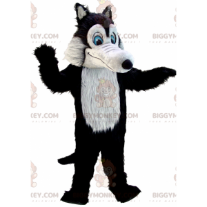 BIGGYMONKEY™ Maskotdräkt Helt hårig svart och grå varg med blå