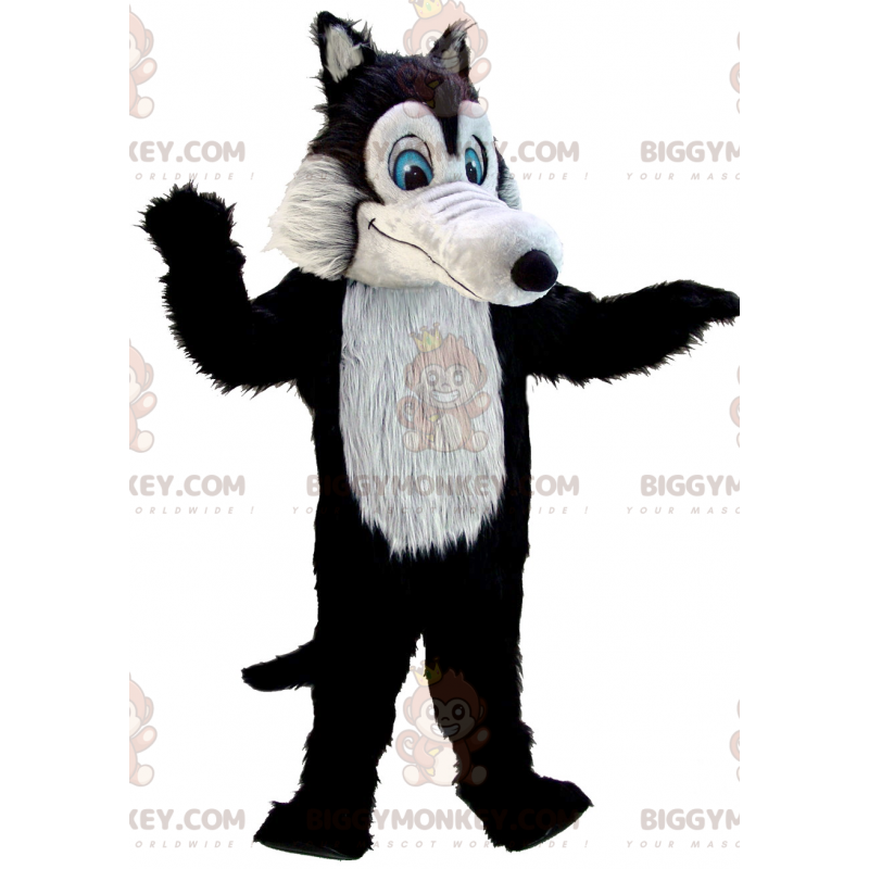 BIGGYMONKEY™ Maskotdräkt Helt hårig svart och grå varg med blå