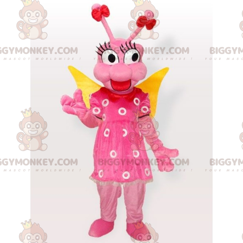 Kostium maskotki BIGGYMONKEY™ Różowa mucha i sukienka w kwiaty