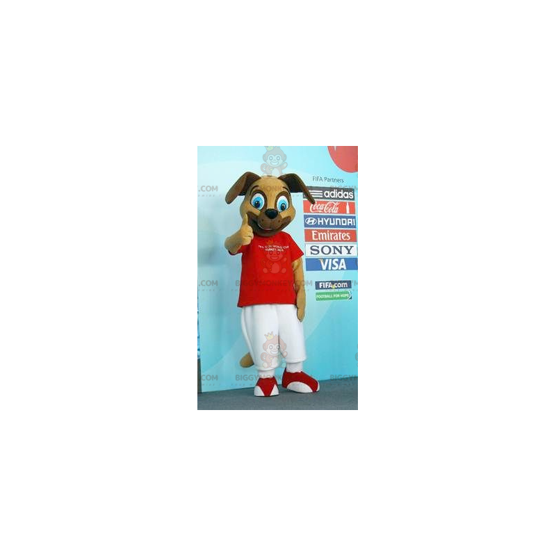 Costume de mascotte BIGGYMONKEY™ de chien marron en tenue rouge