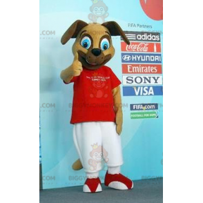 Kostým maskota BIGGYMONKEY™ Hnědý pes v červenobílém outfitu –