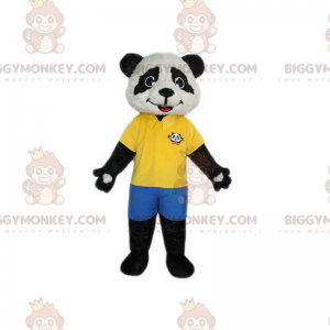 Panda BIGGYMONKEY™ mascottekostuum met gele polo en korte broek