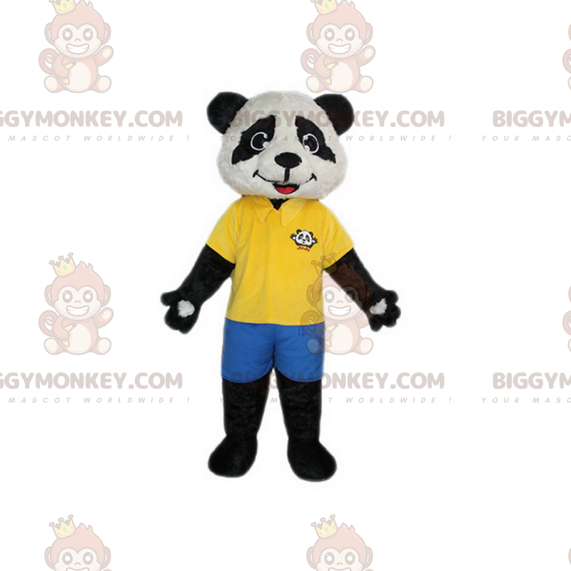 Panda BIGGYMONKEY™ Mascot Costume with Yellow Polo and Shorts -