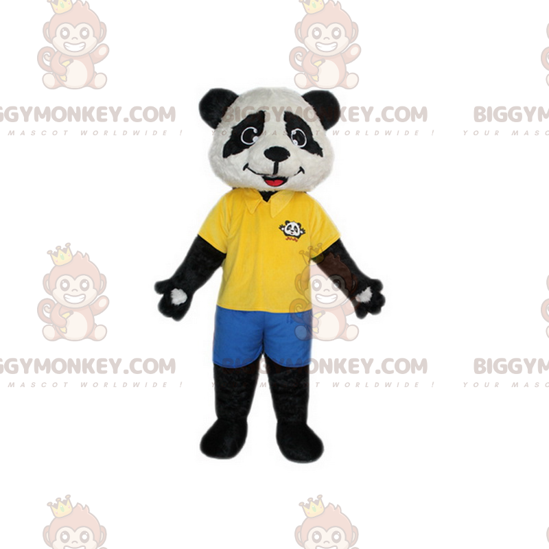 Panda BIGGYMONKEY™ maskotdräkt med gul pikétröja och shorts -