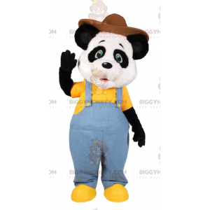 BIGGYMONKEY™ Mascot Costume af Panda i blå overalls og brun hat