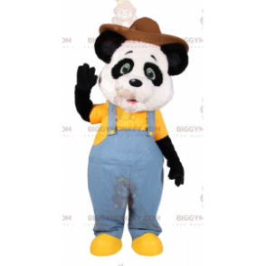 BIGGYMONKEY™ Mascot Costume af Panda i blå overalls og brun hat
