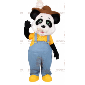 BIGGYMONKEY™-mascottekostuum van panda in blauwe overall en