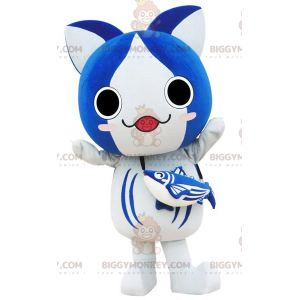 Traje de mascote de gato estilo mangá azul e branco grande