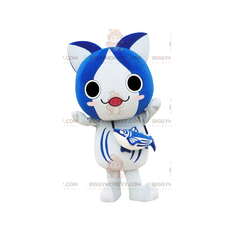 BIGGYMONKEY™ stor blå och vit manga-stil kattmaskotdräkt -