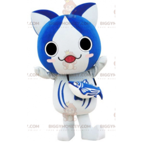 Traje de mascote de gato estilo mangá azul e branco grande