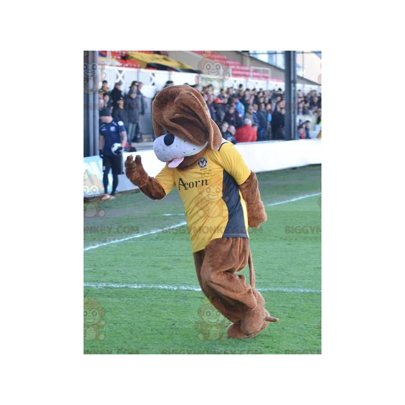Brun hund BIGGYMONKEY™ Maskotdräkt med gul T-shirt -
