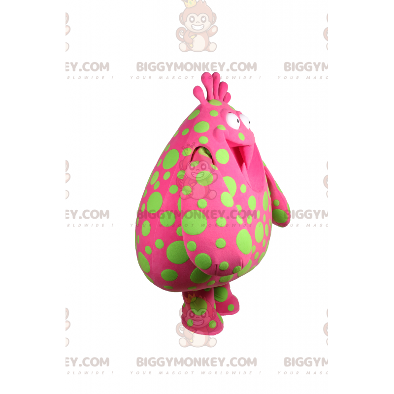 Στολή μασκότ χαρακτήρων BIGGYMONKEY™ ροζ με πράσινες κηλίδες -