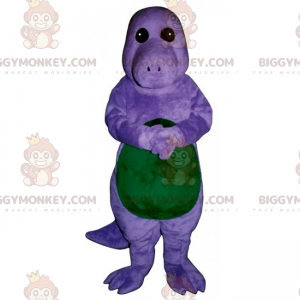 Traje de mascote de dinossauro pequeno roxo e verde