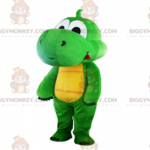Mascote de dinossauro roxo e verde com um grande focinho