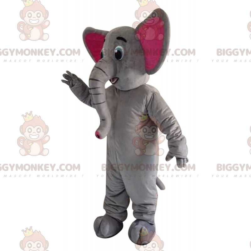 Traje de mascote de pequeno elefante cinza e orelhas rosa