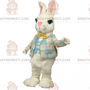 BIGGYMONKEY™ lille hvid kanin maskotkostume med plaidjakke -