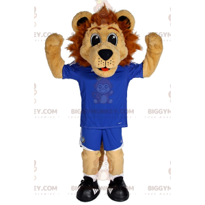 BIGGYMONKEY™ Lilla lejonmaskotdräkt i blå fotbollsdräkt -