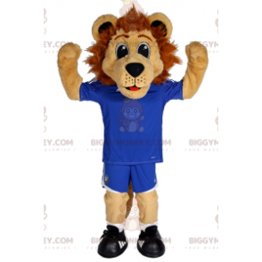 BIGGYMONKEY™ Lilla lejonmaskotdräkt i blå fotbollsdräkt -