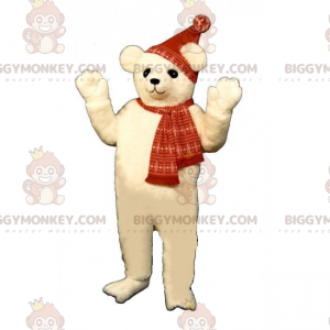 Lille isbjørn BIGGYMONKEY™ maskotkostume med hat og tørklæde -