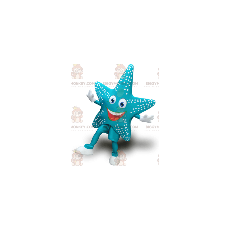 Velmi usměvavý kostým maskota modré hvězdice BIGGYMONKEY™ –