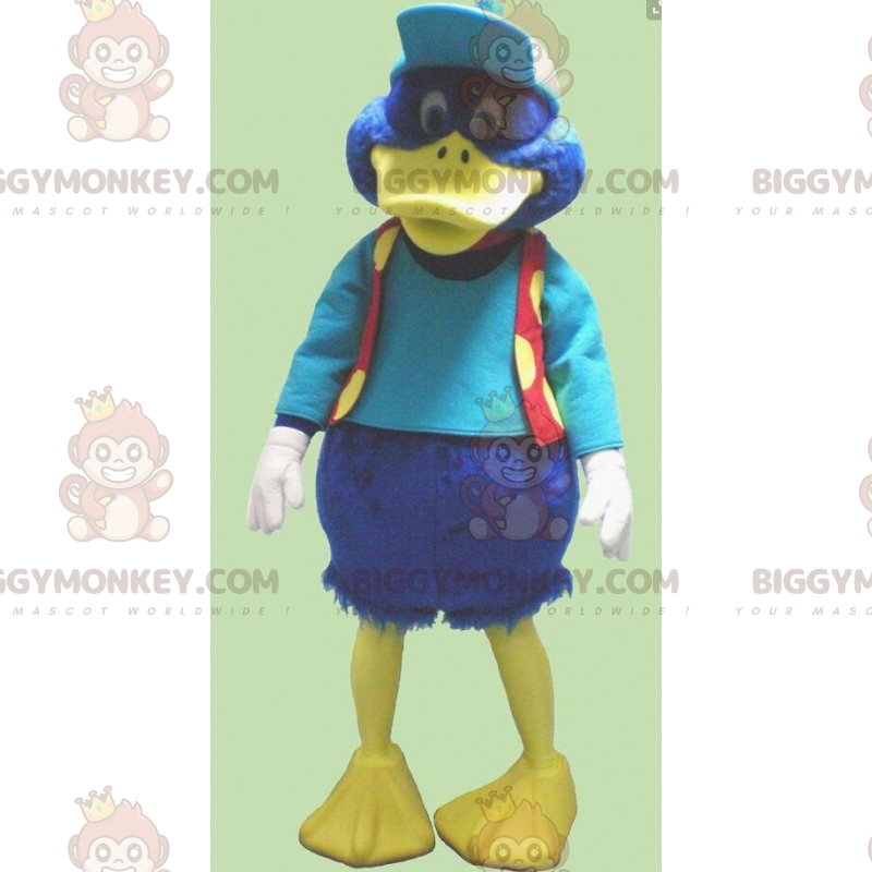 Little Blue Duck BIGGYMONKEY™ maskottiasu, jossa lippalakki ja