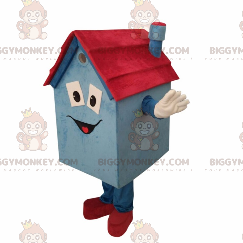 Blått och rött Little House BIGGYMONKEY™ maskotdräkt med ett