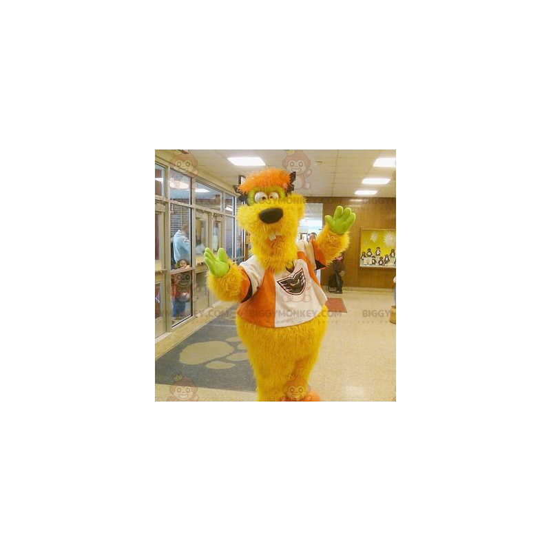 BIGGYMONKEY™ grappig harig geel oranje monster mascotte kostuum
