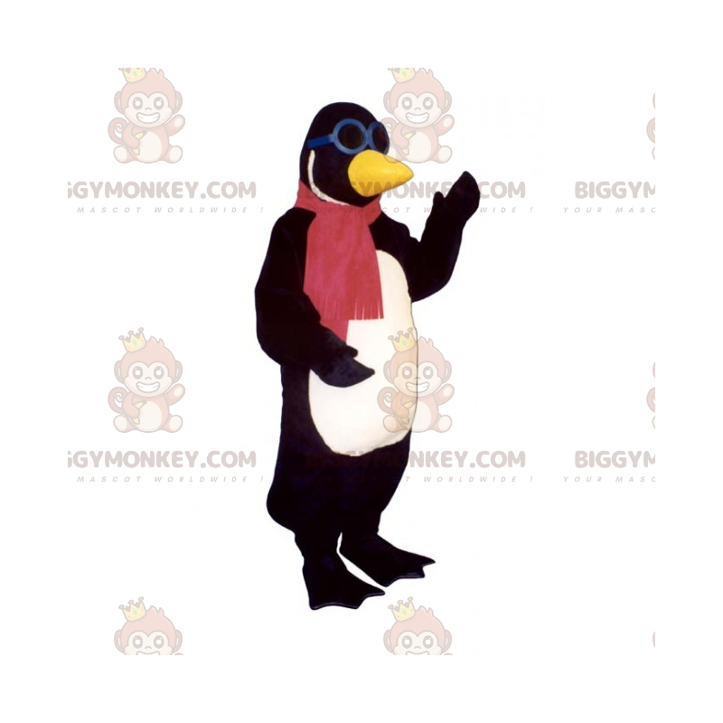 Penguin BIGGYMONKEY™ maskottiasu, jossa huivi ja suojalasit -
