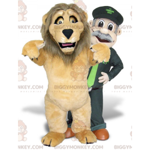 2 mascotas de BIGGYMONKEY™, un león marrón y un cuidador del