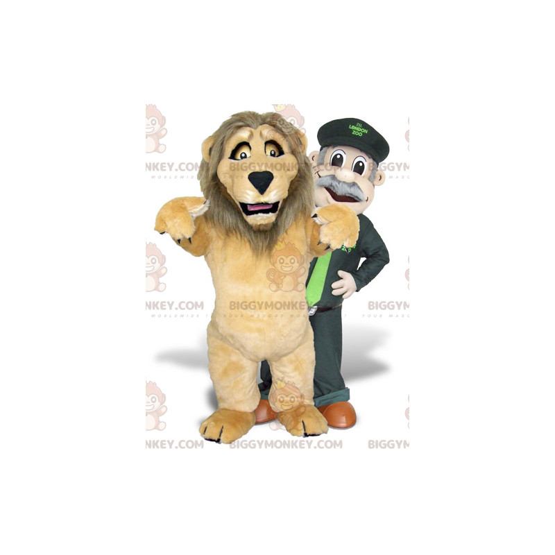 2 mascotas de BIGGYMONKEY™, un león marrón y un cuidador del