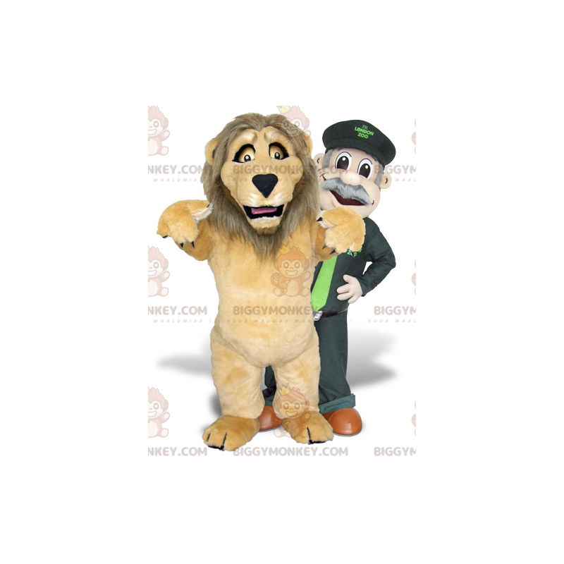 2 mascote do BIGGYMONKEY™, um leão marrom e um tratador –