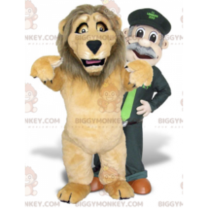 2 mascotas de BIGGYMONKEY™, un león marrón y un cuidador del