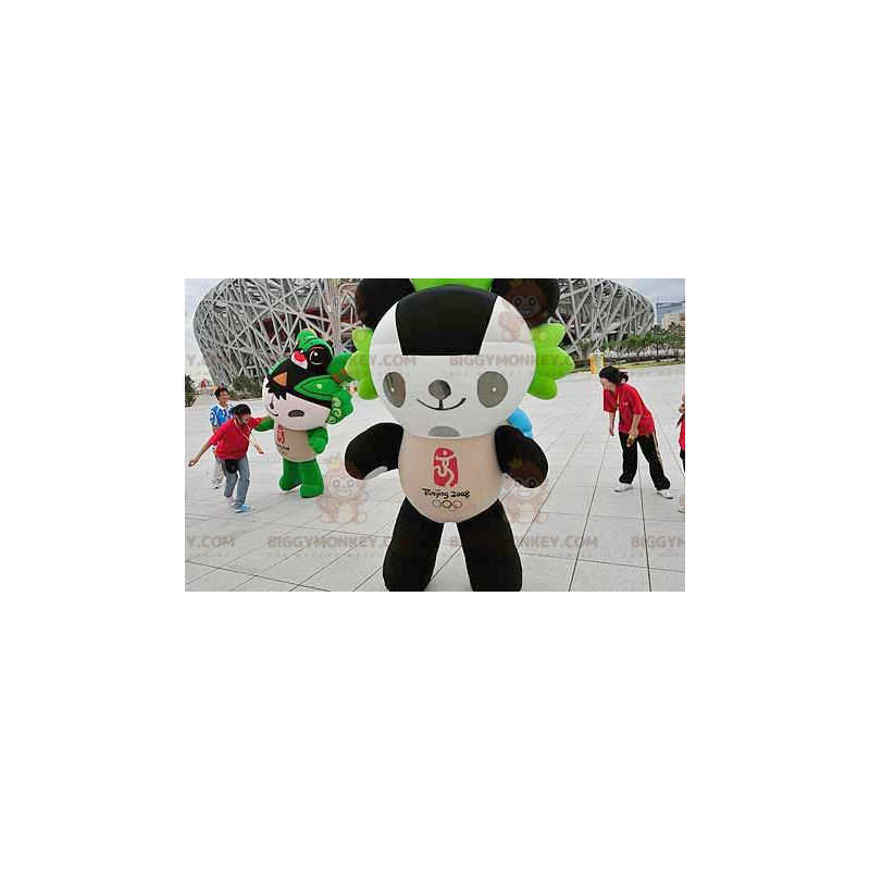 Costume de mascotte BIGGYMONKEY™ de panda noir blanc et vert -