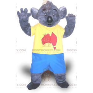 BIGGYMONKEY™ maskotdräkt av grå koala i blå och gul outfit -