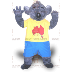 Traje de mascote BIGGYMONKEY™ de coala cinza em roupa azul e