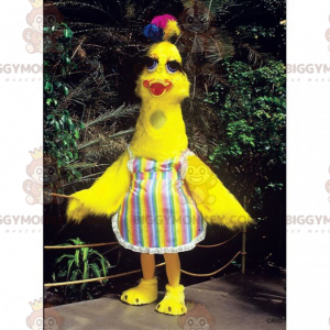 Disfraz de mascota de gallina amarilla con delantal multicolor