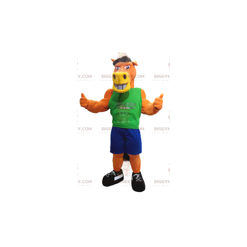 Orange Horse BIGGYMONKEY™ Mascot Costume with Blue and Green