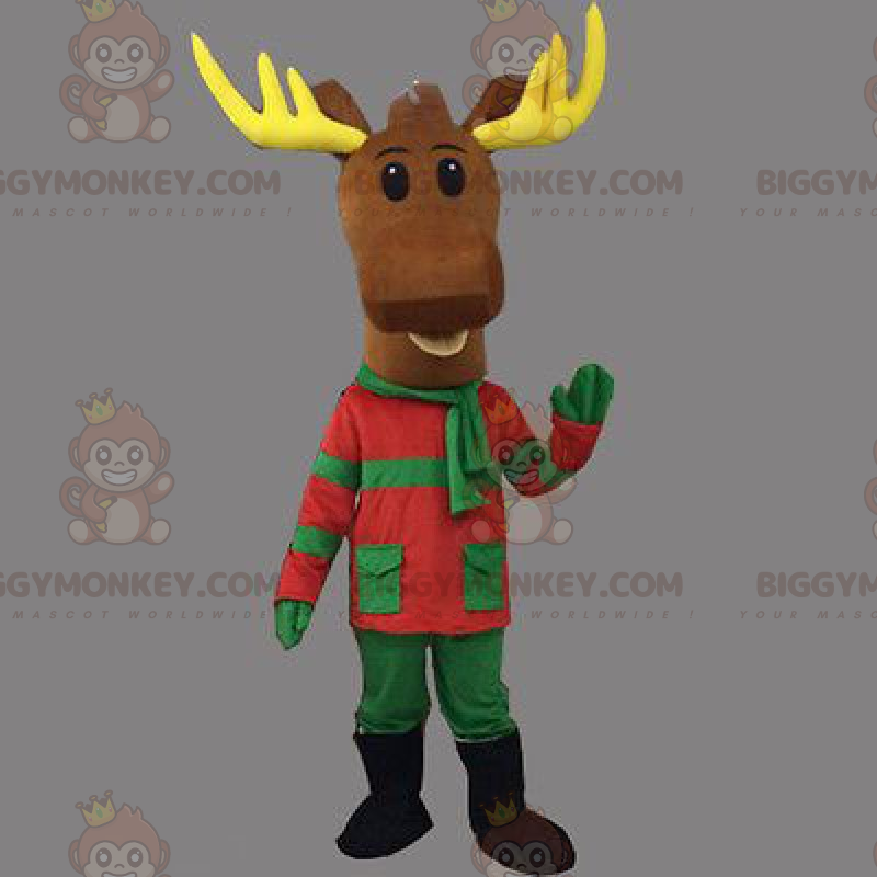 BIGGYMONKEY™ julerensdyrmaskotkostume i grønt og rødt outfit -